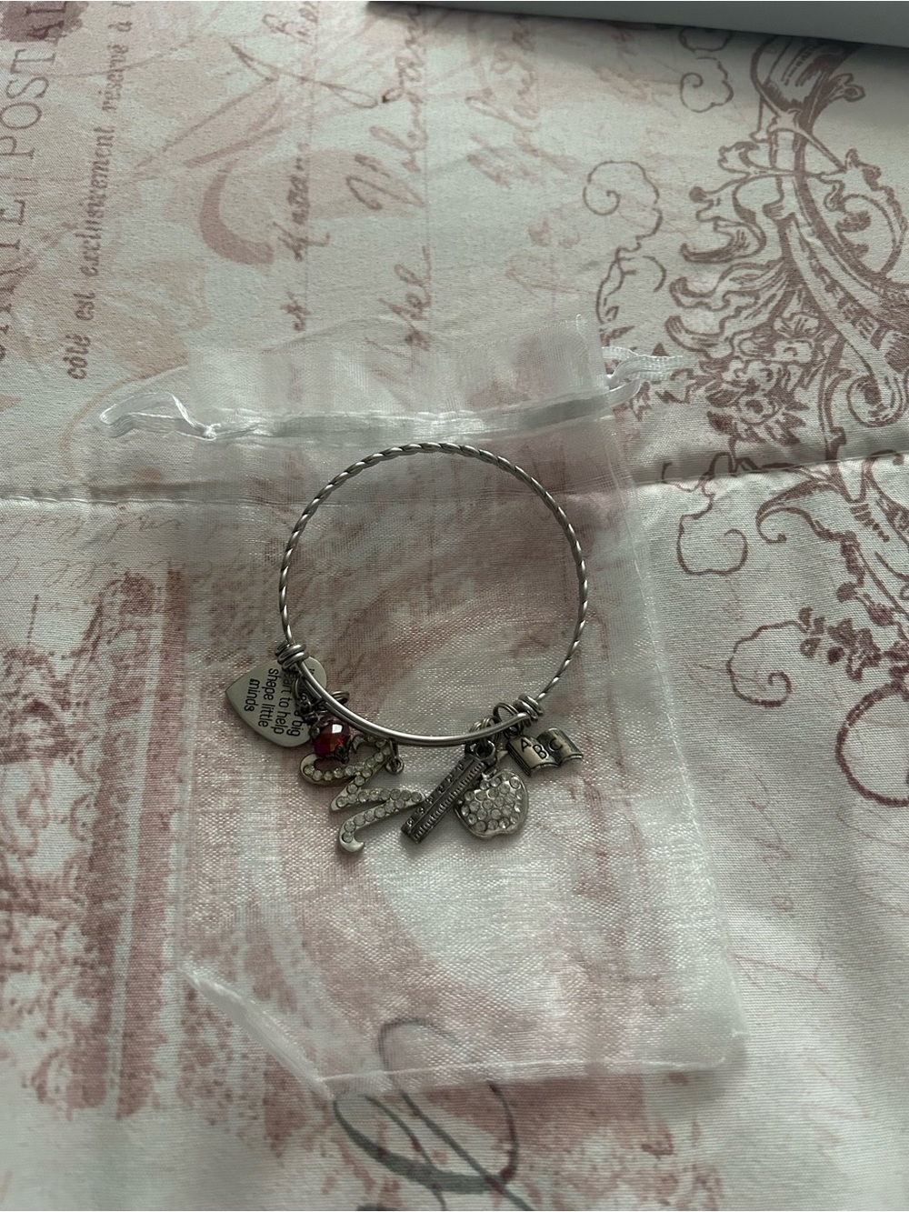 Silver Charm Bangle Bracelet with Heart and Initial Charms